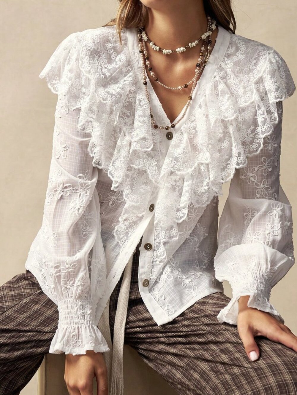 White Casual Women's Contrast Lace Ruffle Trim Button Front Blouse - Picture 2 of 7